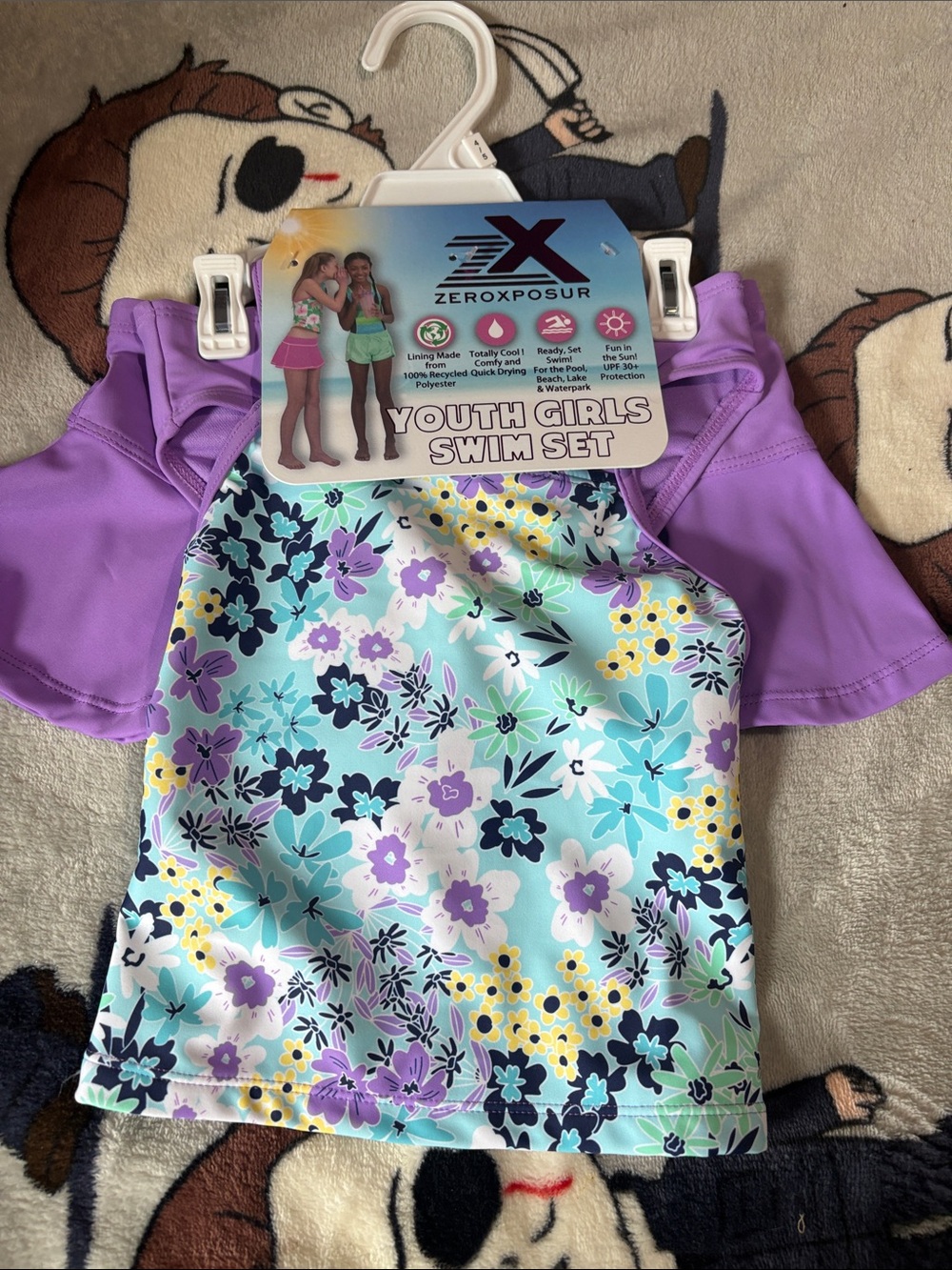 ZeroXposur Girls Floral Swim Top - Purple & Aqua Floral 3 Piece NWT Size 4/5 T